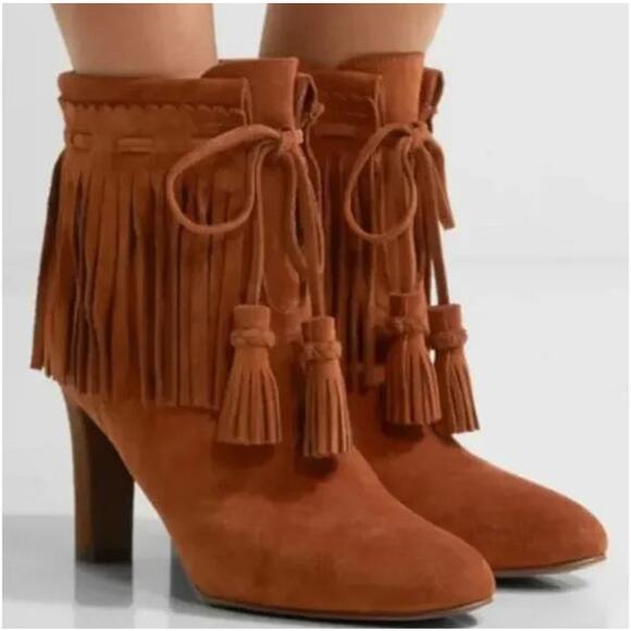 See by Chloe Irina Fringe Heeled Ankle Boots Suede Brown Leather Size 38 or 8 - Picture 1 of 6
